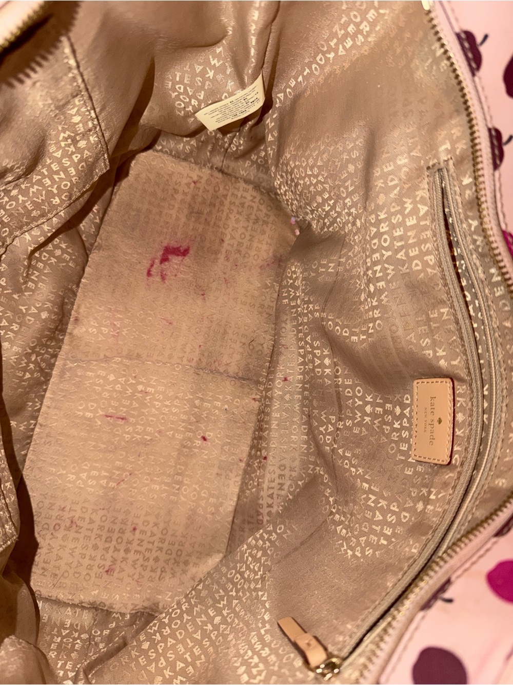 kate spade Pink Apple Print Tote with Tan Handles - Picture 6 of 9